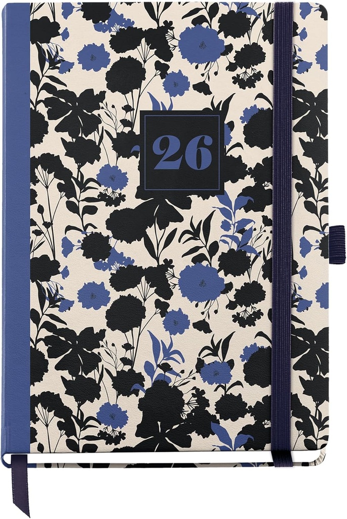 [MR33088] Agenda 2026 semana vista, Fácil de llevar (122 x 168 mm), Planificación semanal, Cubierta rígida cartón, Espiral, Cierre goma elástica, Papel 80 g/m², Español-EN-PT, Black&Blue Miquelrius
