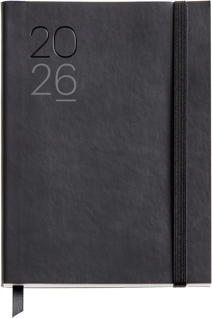 [MR33093] Agenda 2026 día por página, Fácil de llevar (122 x 168 mm), Planificación diaria, Cubierta flexible símil piel cosida, Papel 80 g/m², Español-EN-PT, Negro Miquelrius