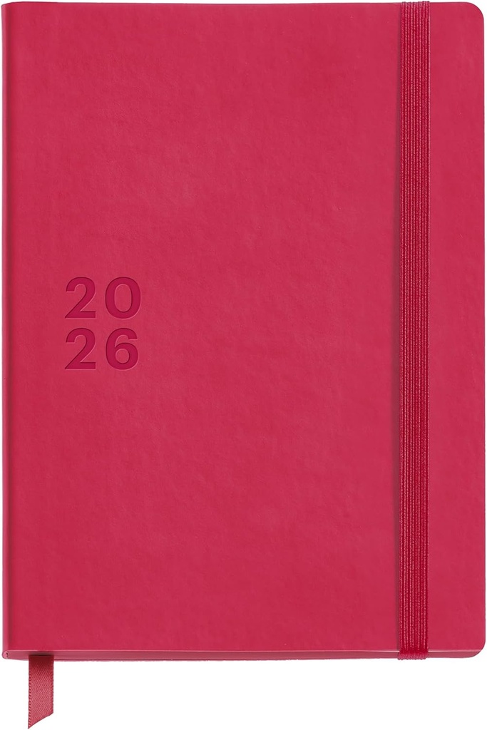 [MR33723] Agenda 2026 semana vista, Tamaño compacto (140 x 190 mm), Planificación semanal, Cubierta cosida símil piel, Papel 100 g/m², Cierre goma y corte tintado a tono, Español-EN-PT, Magenta Miquelrius