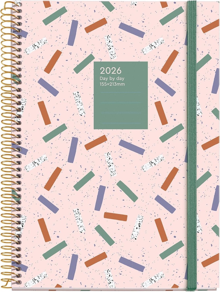 [MR34527] Agenda 2026 día por página, Similar A5+ (155 x 213 mm), Planificación diaria, Cubierta rígida cartón, Espiral, Cierre goma elástica, Papel 80 g/m², Español-EN-PT, Confeti Miquelrius
