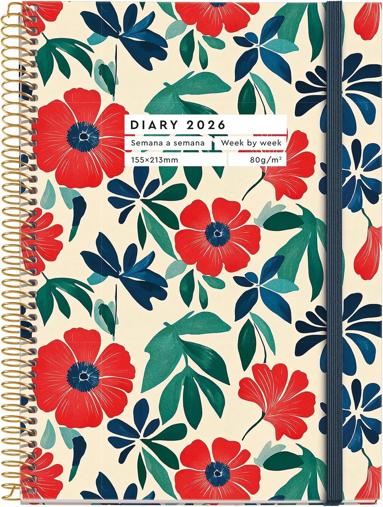 [MR34540] Agenda 2026 semana vista, Similar A5+ (155 x 213 mm), Planificación semanal, Cubierta rígida cartón, Espiral, Cierre goma elástica, Papel 80 g/m², Español-EN-PT, Anémona Miquelrius