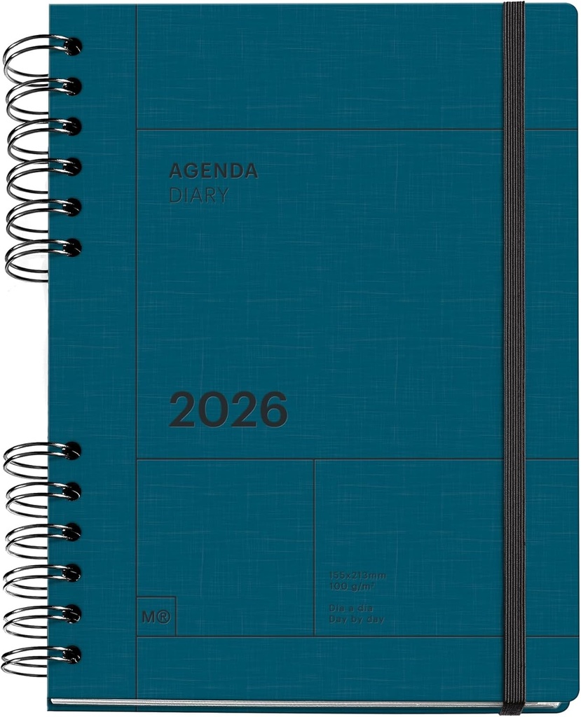 [MR34558] Agenda 2026 día por página, Similar A5+ (160.5 x 218 mm), Planificación diaria, Tapa texturizada, Papel 100 g/m², Cierre elástico, Espiral metálico dividido, Español-EN-PT, Marino Miquelrius