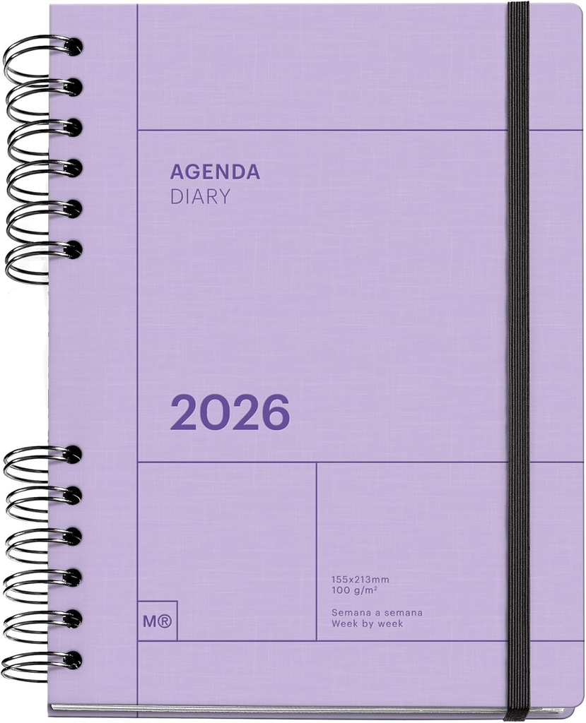 [MR34559] Agenda 2026 semana vista, Similar A5+ (160.5 x 218 mm), Planificación semanal, Tapa texturizada, Papel 100 g/m², Cierre elástico, Espiral metálico dividido, Español-EN-PT, Malva Miquelrius