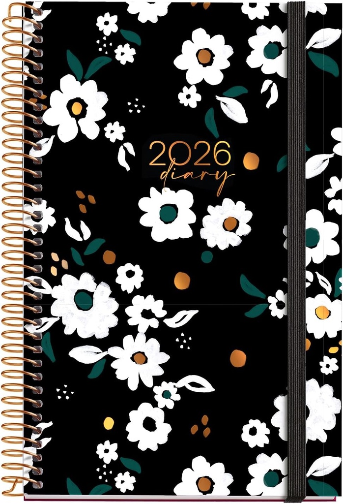 [MR38297] Agenda 2026 día por página, Similar A6+ (117 x 182 mm), Planificación diaria, Cubierta rígida cartón, Espiral, Cierre goma elástica, Papel 80 g/m², Español-EN-PT, Noir garden Miquelrius