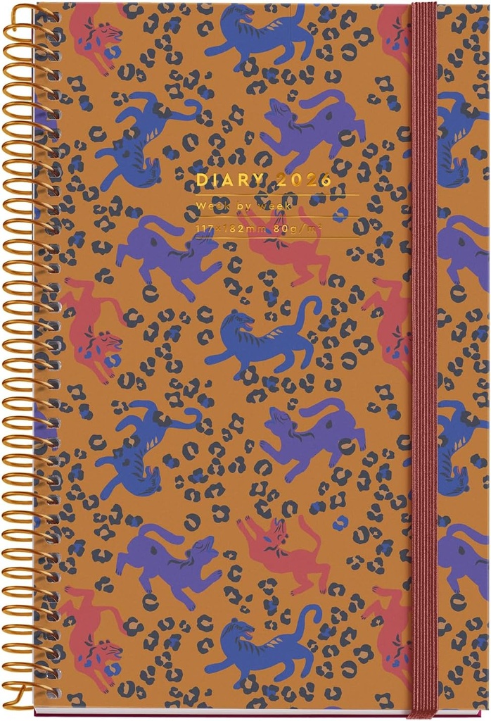 [MR38524] Agenda 2026 semana vista, Similar A6+ (117 x 182 mm), Planificación semanal, Cubierta rígida cartón, Espiral, Cierre goma elástica, Papel 80 g/m², Español-EN-PT, Leopard Miquelrius