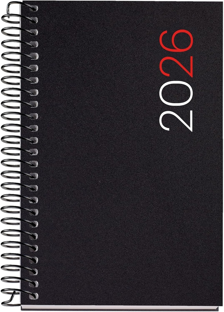 [MR39150] Agenda 2026 día por página, Pequeña y portátil (80 x 120 mm), Cubierta flexible polipropileno, Espiral, Papel 80 g/m², Planificador diario, Español-EN-PT, Color negro Miquelrius