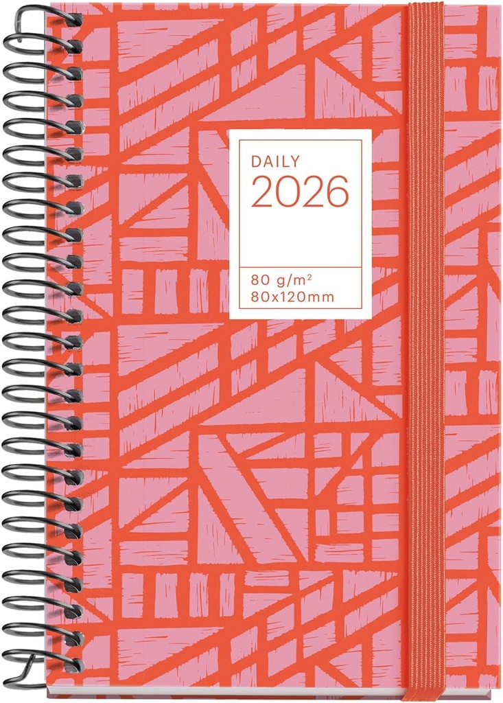 [MR39158] Agenda 2026 día por página, Pequeña y portátil (80 x 120 mm), Planificación diaria, Cubierta rígida cartón, Espiral, Cierre goma elástica, Papel 80 g/m², Español-EN-PT, Baden Miquelrius