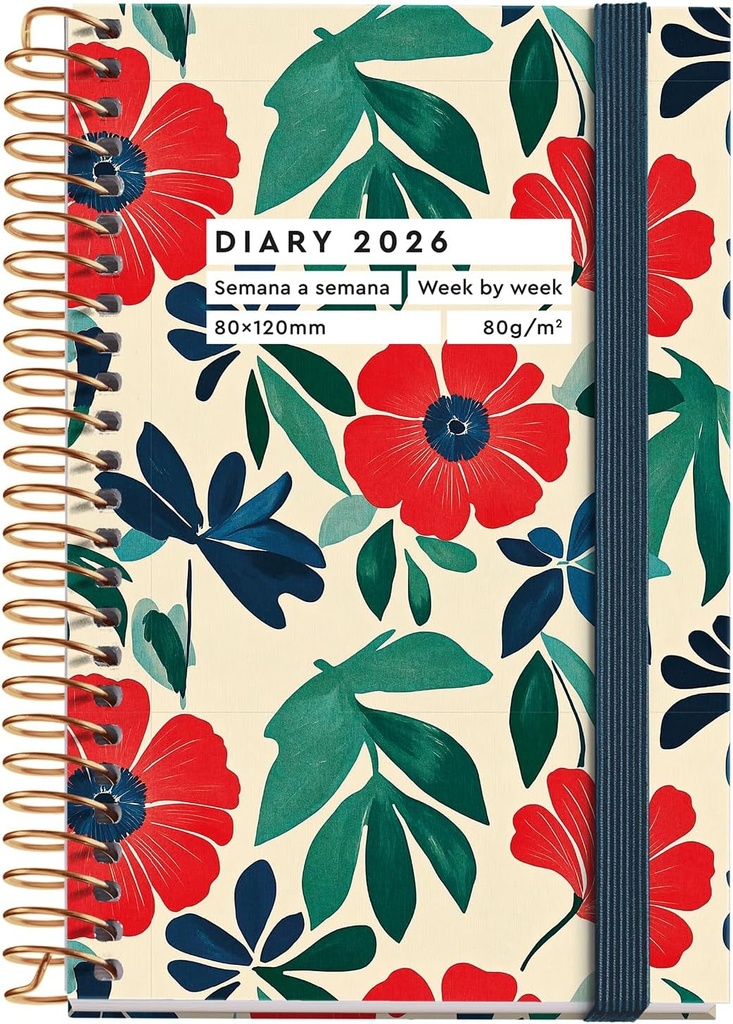 [MR39165] Agenda 2026 semana vista, Pequeña y portátil (80 x 120 mm), Planificación semanal, Cubierta rígida cartón, Espiral, Cierre goma elástica, Papel 80 g/m², Español-EN-PT, Anémona Miquelrius