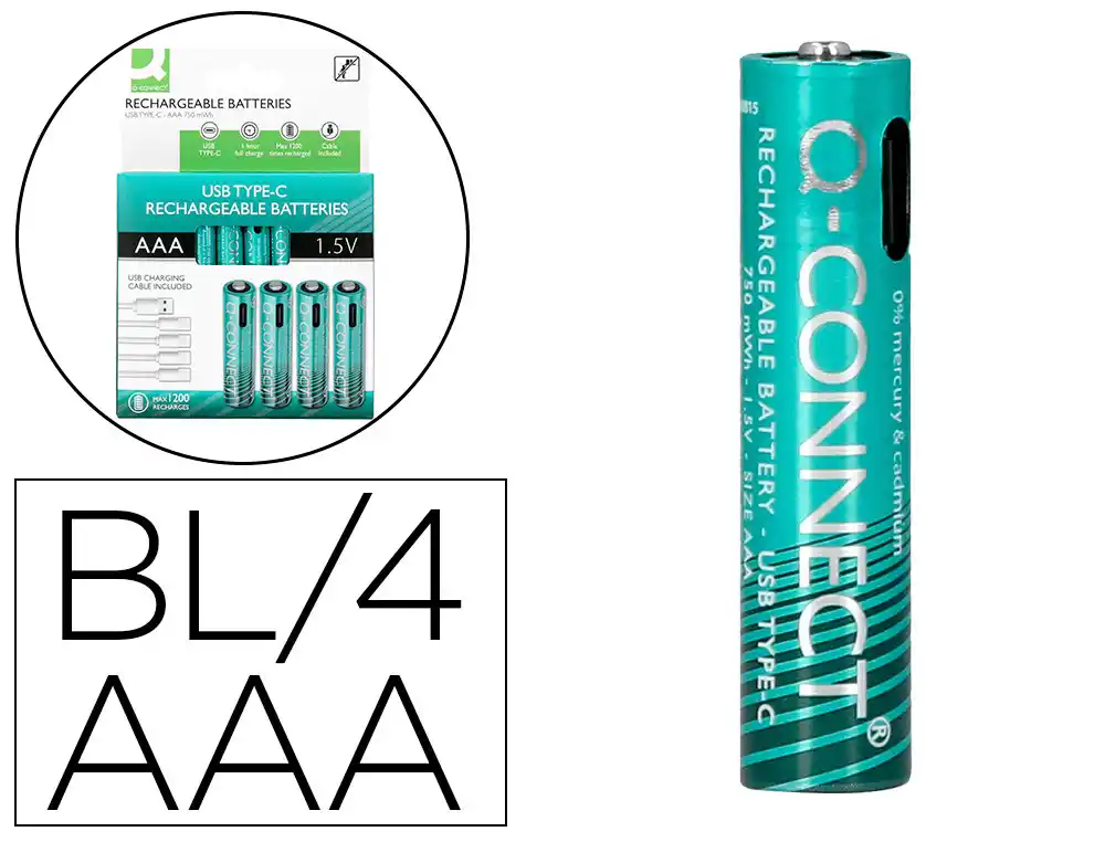[KF14130]  Pilas AAA recargable por usb-c 4uds Q-connect