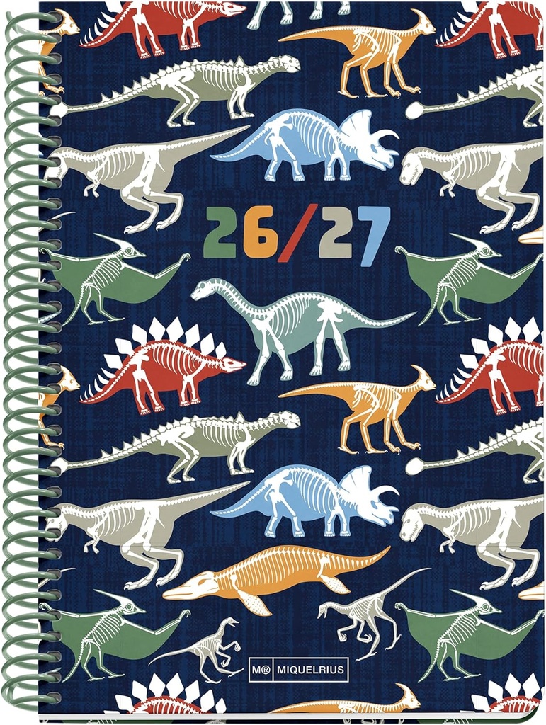 [MR21032] Agenda escolar 2026 2027 semana vista 10 meses, Tamaño A5+ (15×21,3 cm), Cantos redondeados, Cartón forrado y espiral de plástico verde, Brilla en la oscuridad, Español-EN, Dinos Miquelrius