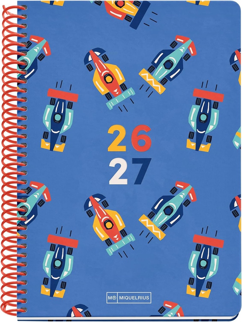 [MR21033] Agenda escolar 2026 2027 semana vista 10 meses, Tamaño A5+ (15×21,3 cm), Cantos redondeados, Cartón forrado y espiral de plástico rojo, Diseño con stamping UVI, Español-EN, Cars  Miquelrius