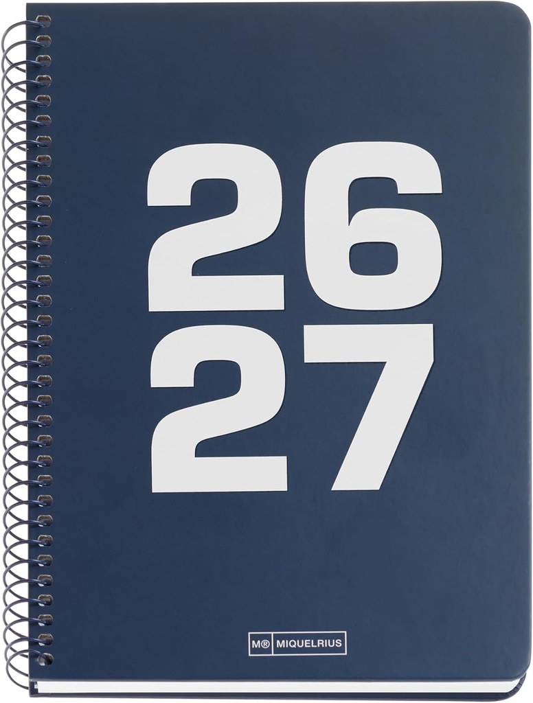[MR21038] Agenda escolar 2026 2027 día página 10 meses, Tamaño A5+ (15×21,3 cm), Cartón plastificado, Espiral metálico a color, Cantos redondeados, Año en relieve, Stickers, Español-EN, Marino Miquelrius