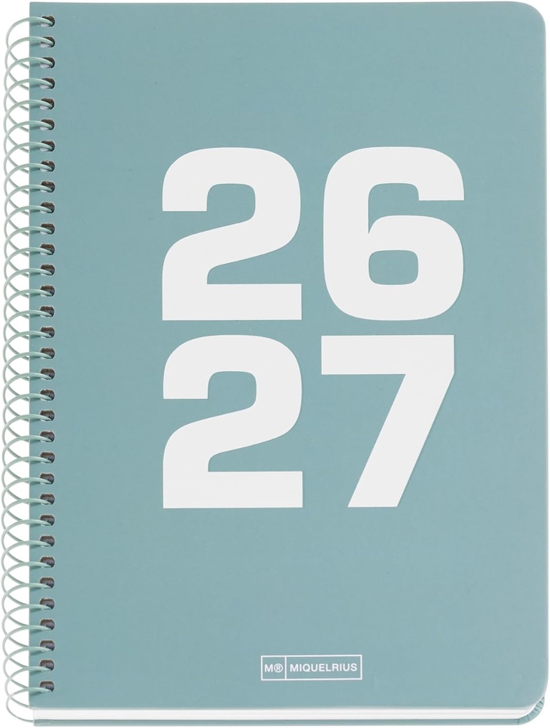 [MR21041] Agenda escolar 2026 2027 día página 10 meses, Tamaño A5+ (15×21,3 cm), Cartón plastificado, Espiral metálico a color, Cantos redondeados, Año en relieve, Stickers, Español-EN, Verde Miquelrius