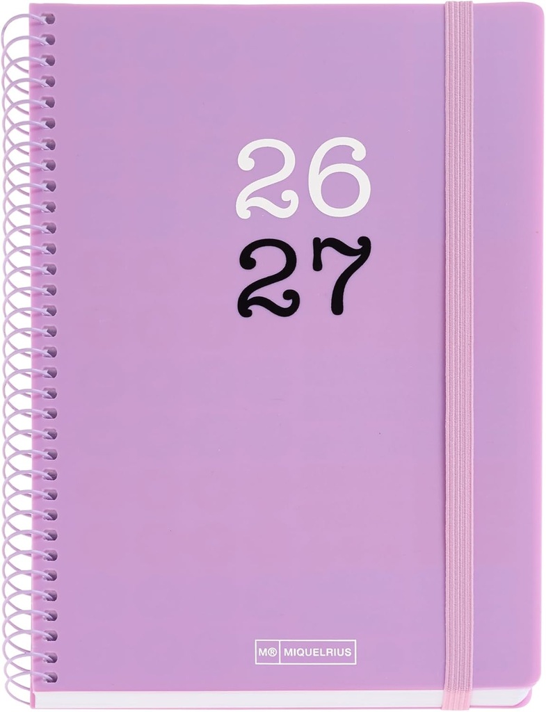 [MR21085] Agenda escolar 2026 2027 día página 12 meses, Tamaño A5+ (15×21,3 cm), Tapas de polipropileno, Espiral metálico a color, Cierre de goma, Cantos redondeados, Stickers, Español-EN, Lila Miquelrius