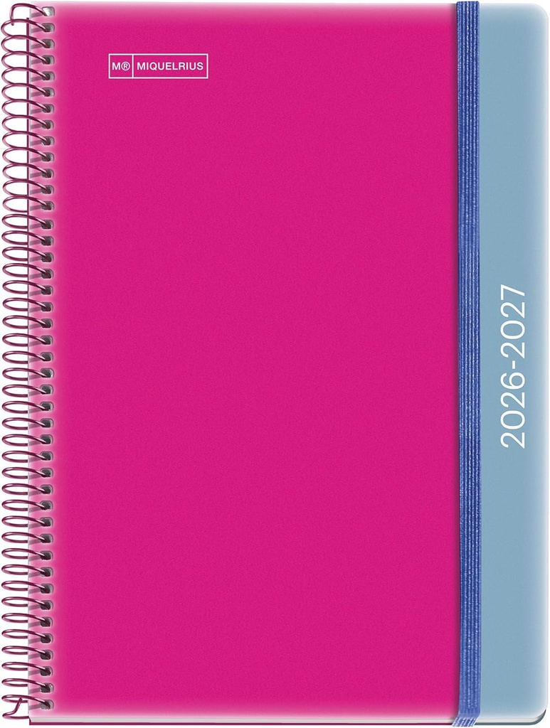 [MR21093] Agenda escolar 2026 2027 día página 12 meses, Tamaño A5+ (15×21,3 cm), Polipropileno, Espiral metálico a color, Cierre de goma, Cantos redondeados, Stickers, Castellano, Pink-Blue  Miquelrius