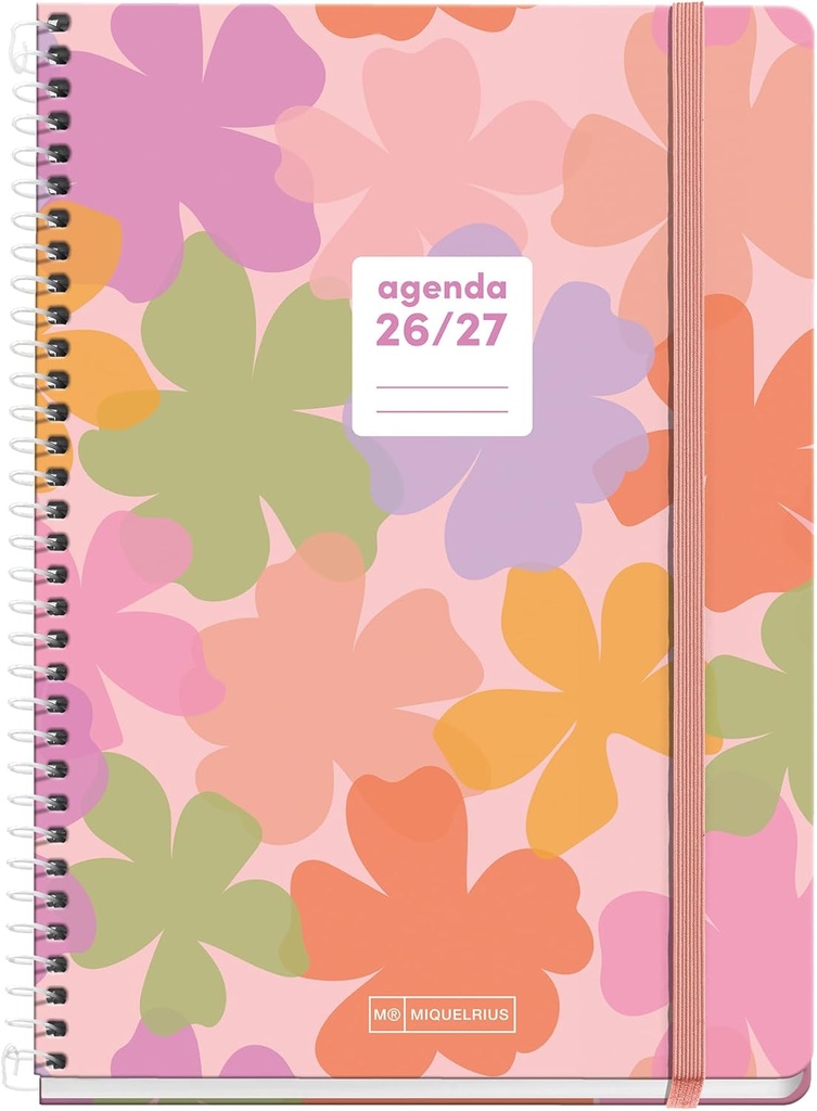 [MR21148] Agenda escolar 2026 2027 día página 10 meses, A5+ (15,5×21,5 cm), Cartón forrado, Espiral metálico, Bolsillo interior, Stickers, Regla marcapáginas, Cierre con goma, Español-EN, Summery Miquelrius