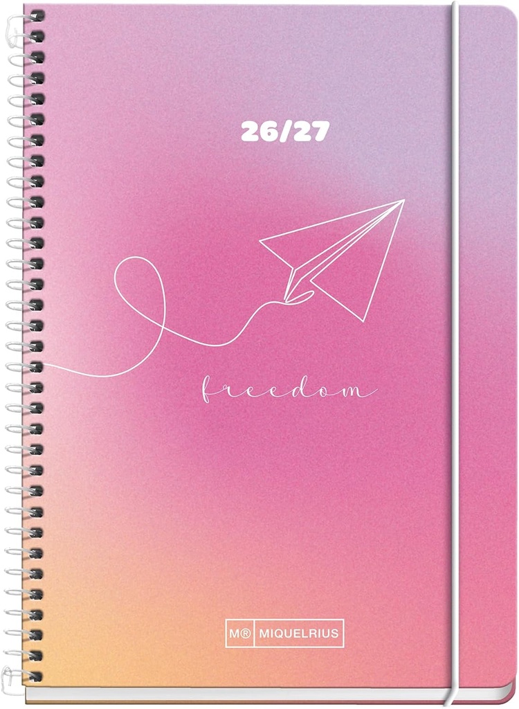 [MR21174] Agenda escolar 2026 2027 día página 10 meses, Tamaño A6+ (11,7×17,4 cm), Cartón plastificado, Espiral metálico, Cantos redondeados, Cierre con goma, Stickers, Español-EN, Freedom Miquelrius