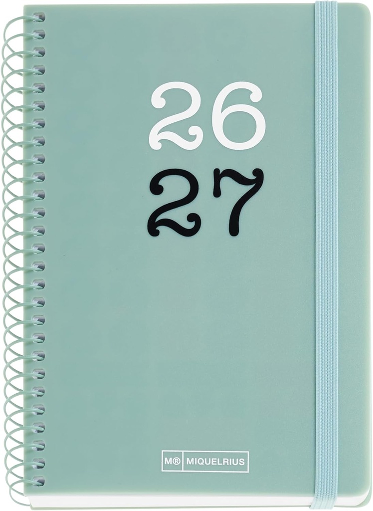 [MR21183] Agenda escolar 2026 2027 día página 12 meses, Tamaño A6+ (11,7×17,4 cm), Tapas de polipropileno, Espiral metálico a color, Cierre de goma, Cantos redondeados, Stickers, Español-EN, Verde Miquelrius