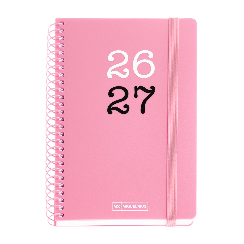[MR21186] Agenda escolar 2026 2027 día página 12 meses, Tamaño A6+ (11,7×17,4 cm), Tapas de polipropileno, Espiral metálico a color, Cierre de goma, Cantos redondeados, Stickers, Español-EN, Rosa Miquelrius