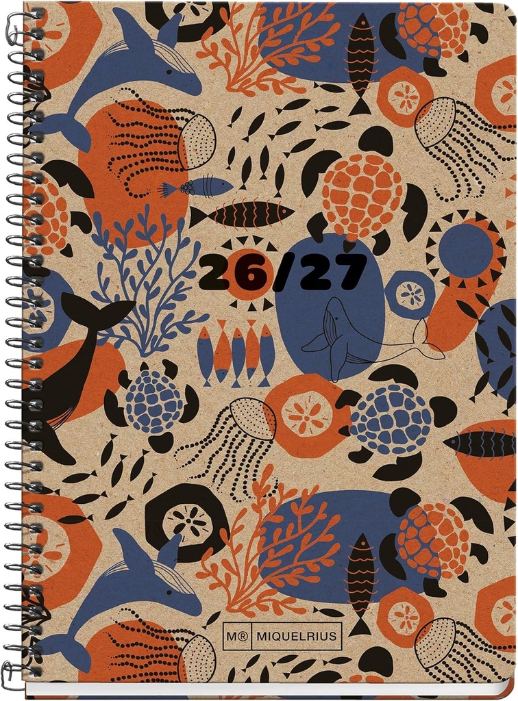 [MR21278] Agenda escolar 2026 2027 día página 10 meses, A6+ (11,7×17,4 cm), Cartón y papel 100% reciclados, Espiral metálico, Cantos redondeados, Stickers, Español-EN, Reciclada Eco Ocean Miquelrius