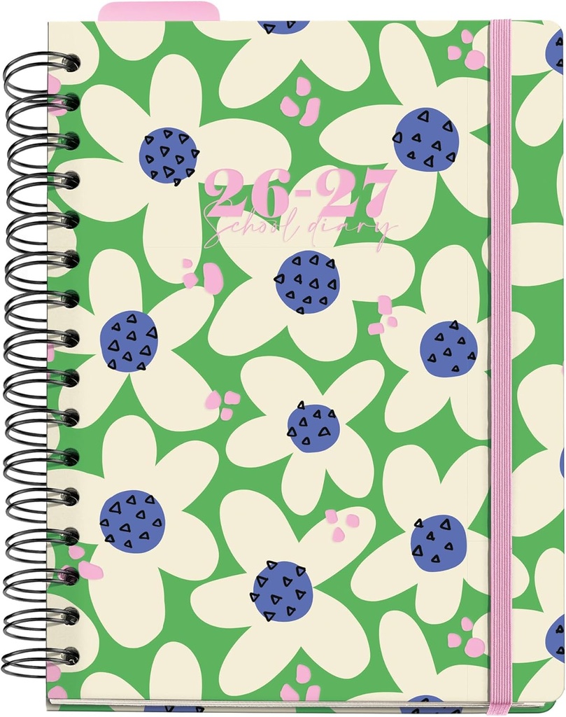 [MR21334] Agenda escolar 2026 2027 semana vista A5+, Cartón forrado y cierre de goma, Papel 100 g/m², Doble espiral, Separadores, bolsillo interior, regla marcapáginas y stickers, Green bloom Miquelrius