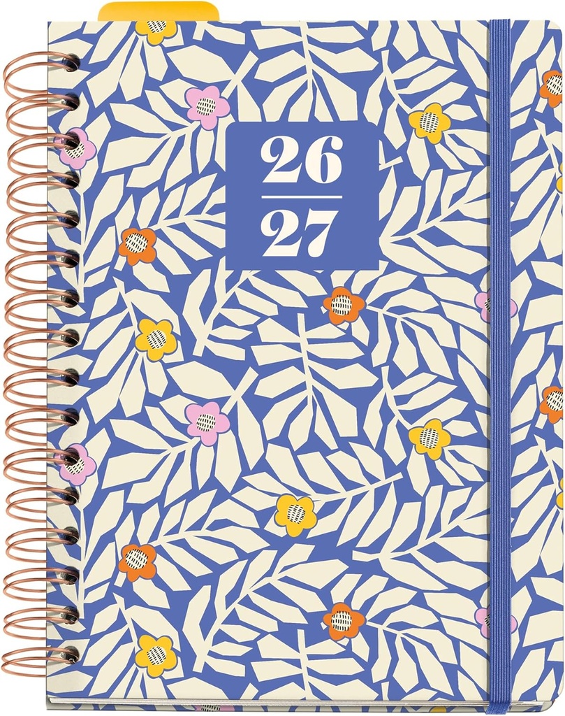 [MR21336] Agenda escolar 2026 2027 día página A5+, Cartón forrado y cierre de goma, Papel 100 g/m², Doble espiral, Separadores, bolsillo interior, regla marcapáginas y stickers, Blue garden  Miquelrius