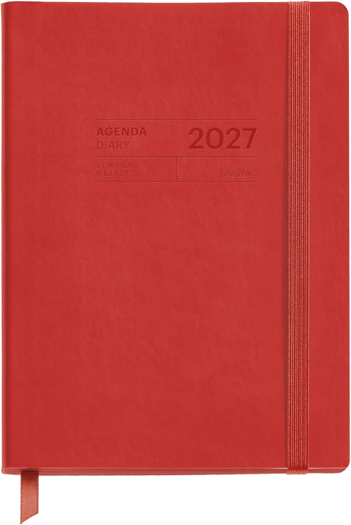 [MR26925] Agenda 18 meses 2026 2027 semana vista, Fácil de llevar 14 x 19 cm, Bolsillo interior, marcapáginas y stickers, Cubierta cosida símil piel, Cierre con goma, Español-EN-PT, Rojo  26_27 Miquelrius