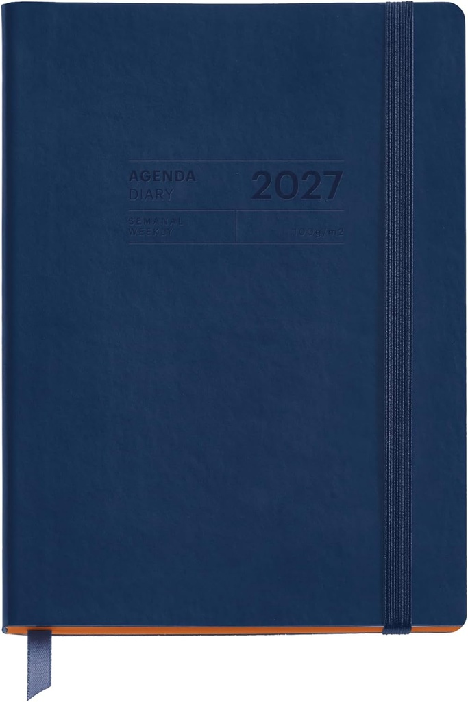 [MR26926] Agenda 18 meses 2026 2027 semana vista, Fácil de llevar 14 x 19 cm, Bolsillo interior, marcapáginas y stickers, Cubierta cosida símil piel, Cierre con goma, Español-EN-PT, Azul  26_27 Miquelrius