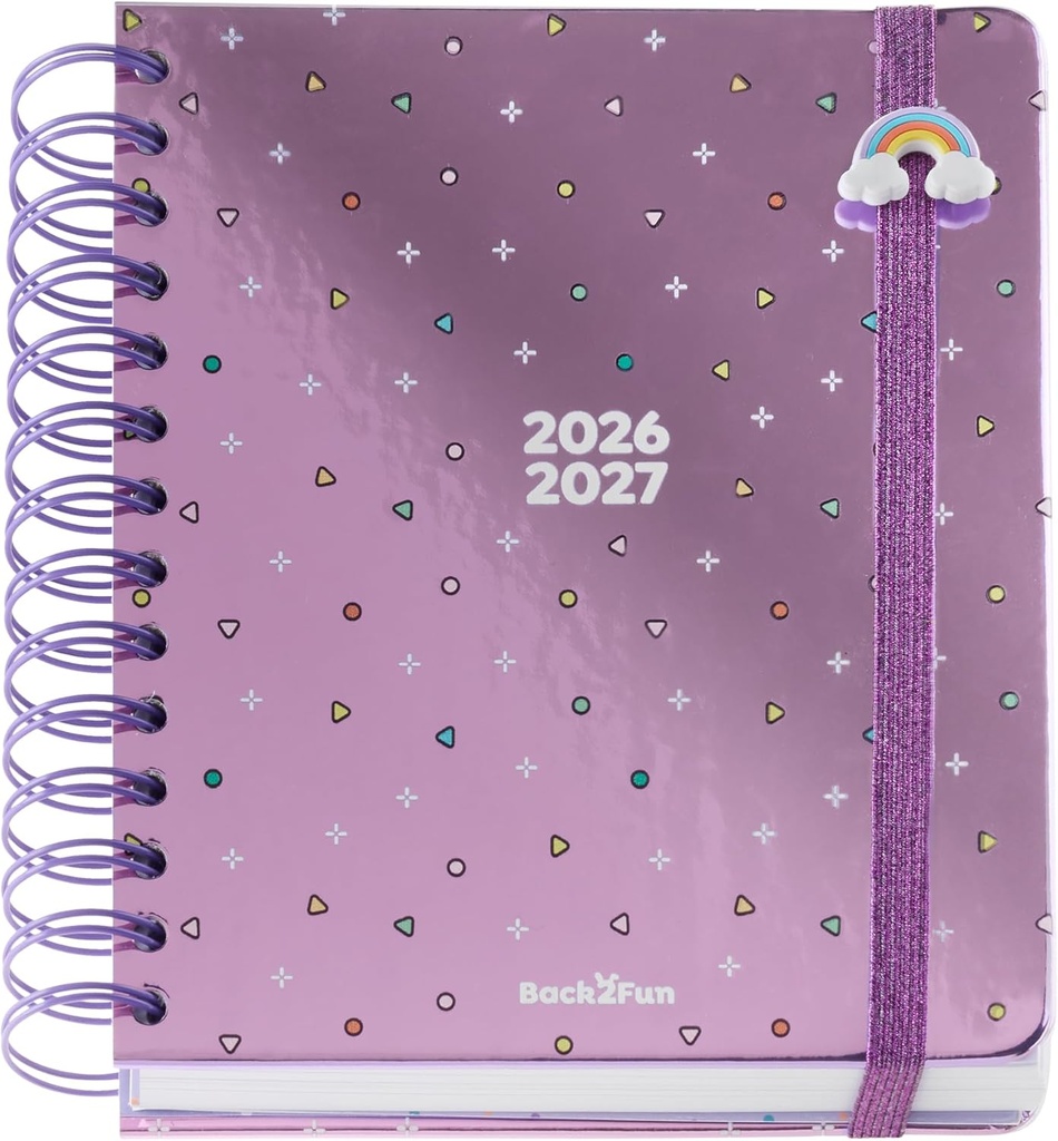 [MR26968] Agenda 2026 2027 día página, Doble espiral metálico, Tamaño 15,5 x 18 cm, 2 páginas de pegatinas y marcapáginas, Cartón forrado, Abalorio para pulsera, Agenda escolar primaria, Arcoíris Miquelrius