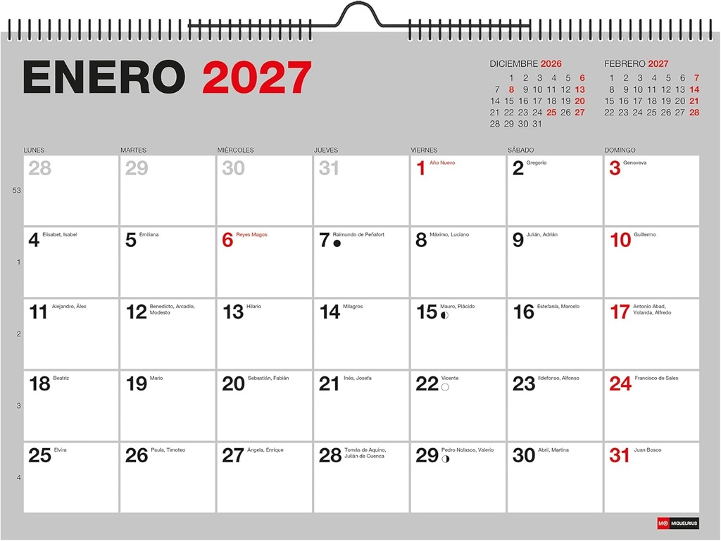 [MR28409] Calendario 18 meses 2026 2027 Basic, Calendario de pared A4 (29,6 cm × 21 cm), Con espacio para anotar, Espiral doble para colgar, Español Miquelrius
