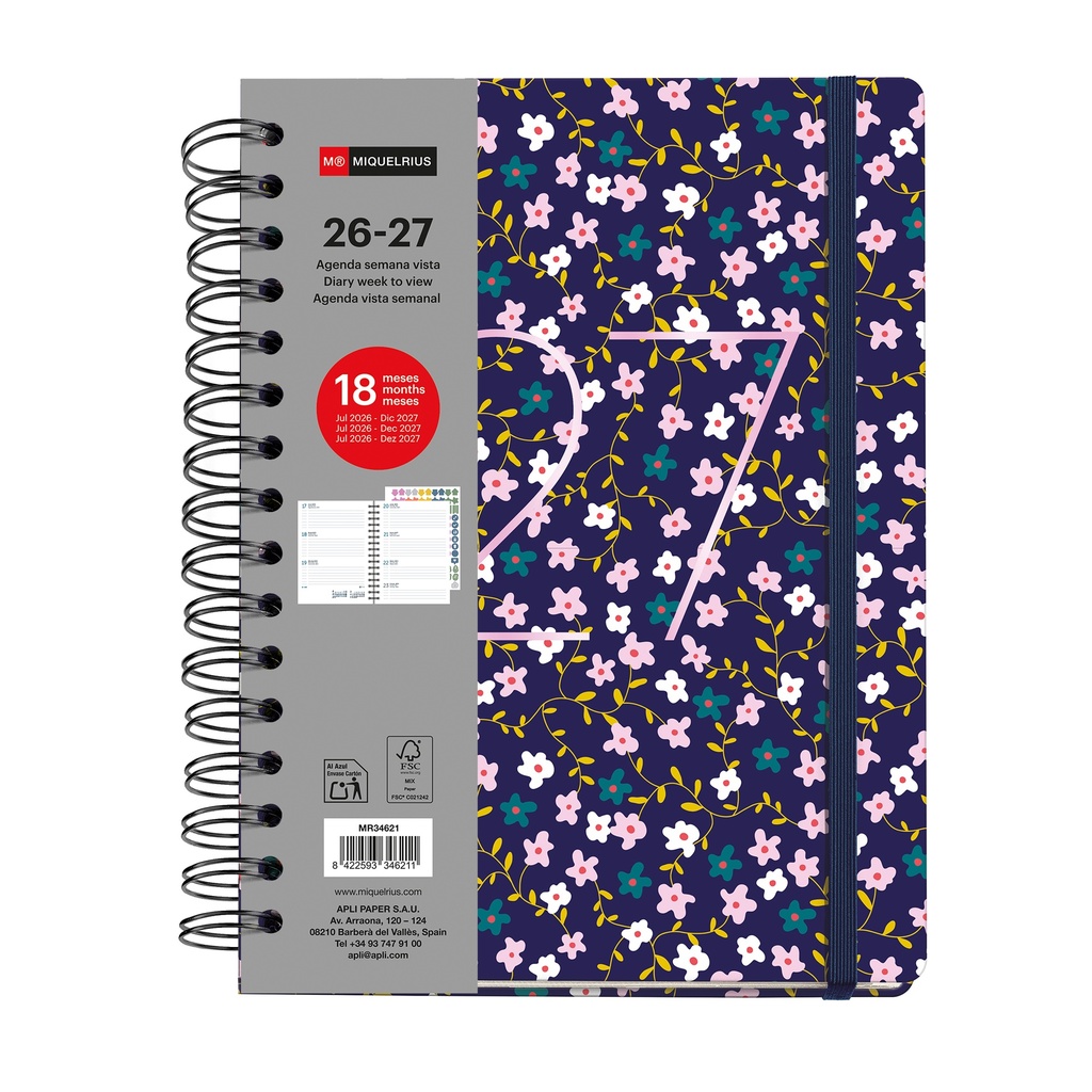 [MR34621] Agenda escolar 18 meses 2026 2027 semana vista, Espiral doble, A5+ (15,5×21,3 cm), Doble bolsillo interior, marcapáginas y stickers, Cubierta rígida cartón, Español-EN-PT, Lilac Miquelrius