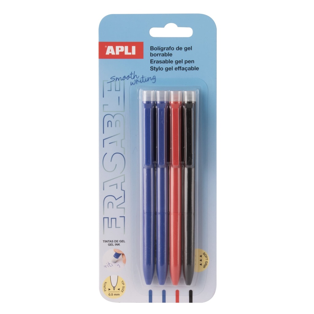 [20517] Bolígrafos gel borrable 4uds,  2 azules 1 negro 1 rojo Apli