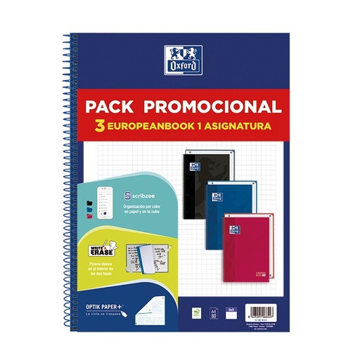 [400195024] Pack 3uds cuadernos espiral 5X5 A4+ 90g 80h T/E microperforado Europeanbook 1 colores vivos Oxford