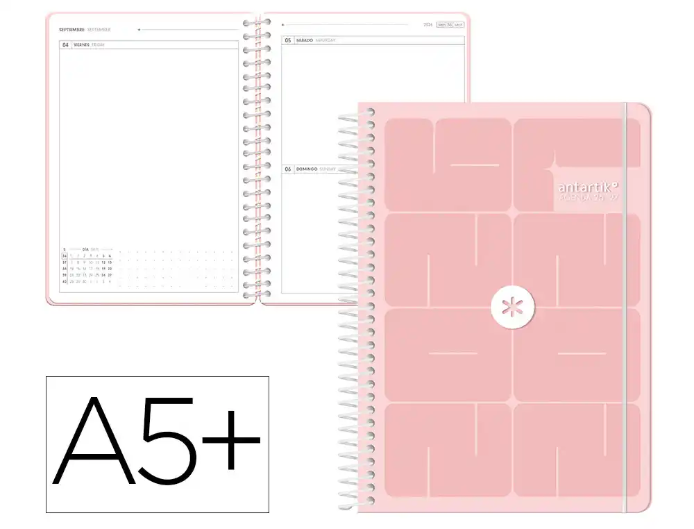 [LP787-174882] AGENDA ESCOLAR ANTARTIK 26-27 ESPIRAL ESSENTIALS DIA PAGINA A5+ BILINGUE 80G PAPEL FSC ROSA