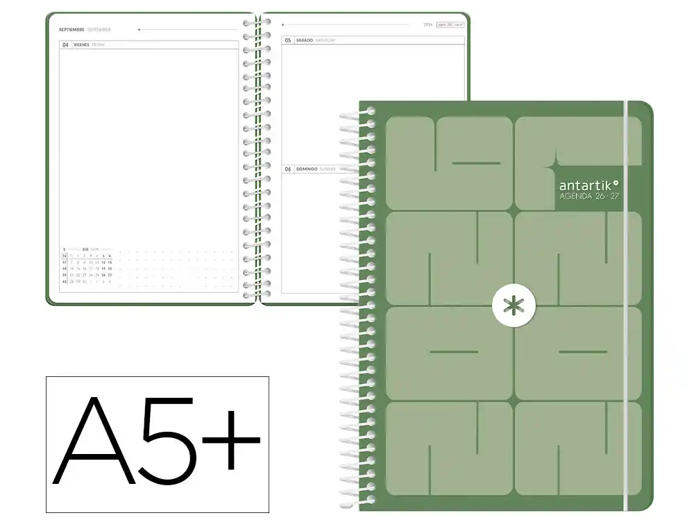 [LP790-174885] Agenda escolar 26-27 espiral essentials día página A5+ bilingue 80g FSC verde Antartik
