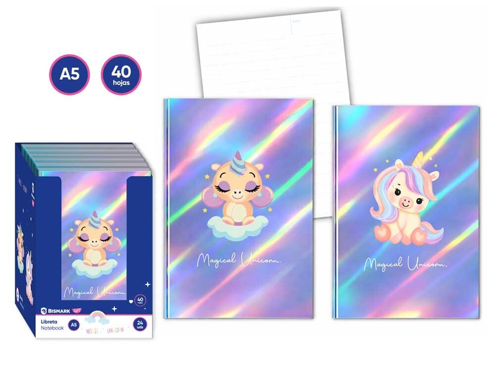 [333944] Libreta grapada A5 1L 40hj 80gr Unicornio holográfico Bismark