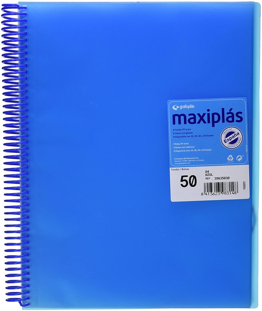 [39835030] Carpeta espiral 50 fundas A4 translucida Maxiplas azul