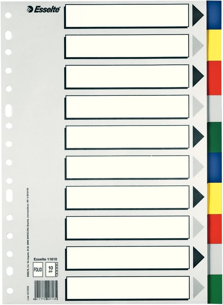 [11610] Separadores 10P Fº plastico multicolor Esselte
